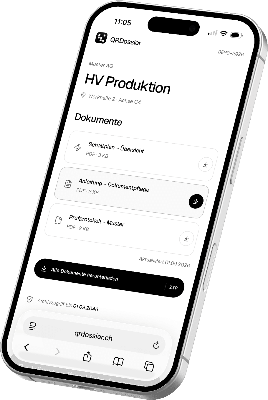 Demo-Dossier auf einem iPhone mit Schaltplan, Anleitung und Prüfprotokoll – Demo öffnen